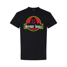 Load image into Gallery viewer, Black t-shirt with 'Mystery Skulls' logo in red and yellow on the front.